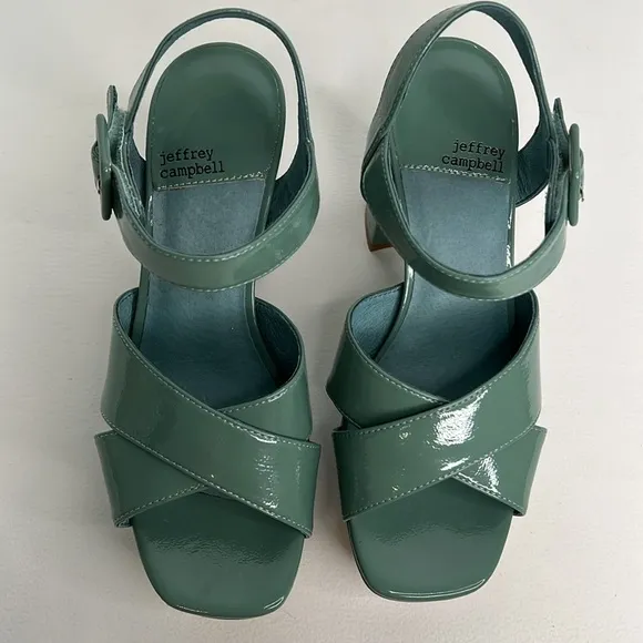 Jeffrey Campbell Amma Patent Platform Block Heel Sandals Dusty green 7