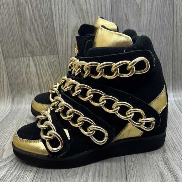 Jeffrey Campbell &quot;Almost Chain Wedge Sneaker&quot; in Black Seuss and Gold