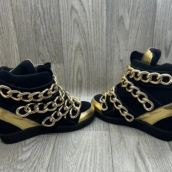 Jeffrey Campbell &quot;Almost Chain Wedge Sneaker&quot; in Black Seuss and Gold