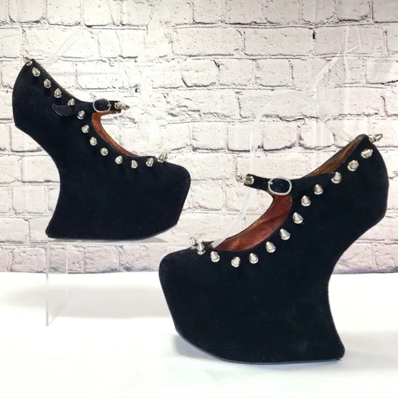 JEFFREY CAMPBELL - Black, platform, studs, heelless, approx. 7”, size 9M