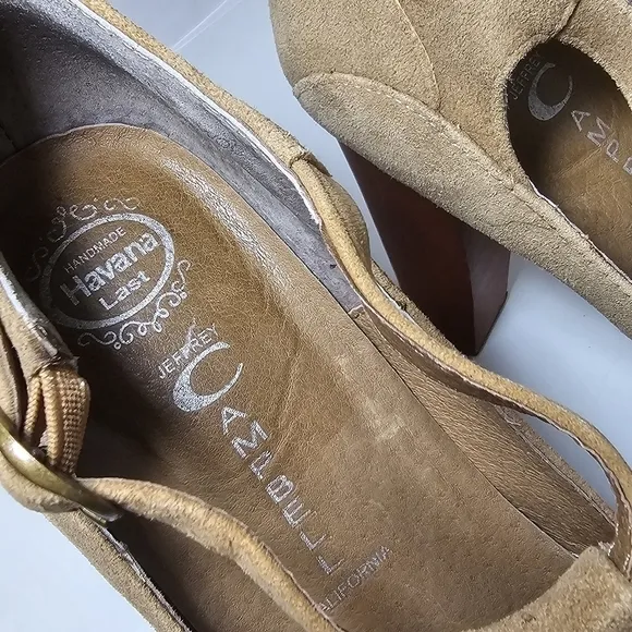 Jeffrey Campbell Foxywood Platform Wood Heels Suede T Strap Shoes, sz 8.5