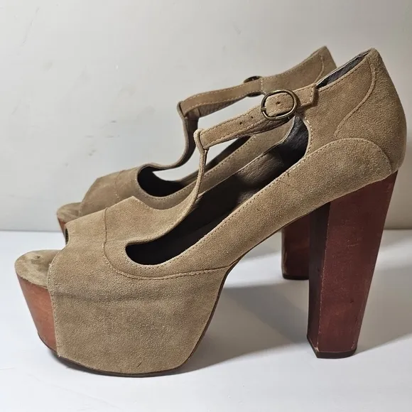 Jeffrey Campbell Foxywood Platform Wood Heels Suede T Strap Shoes, sz 8.5