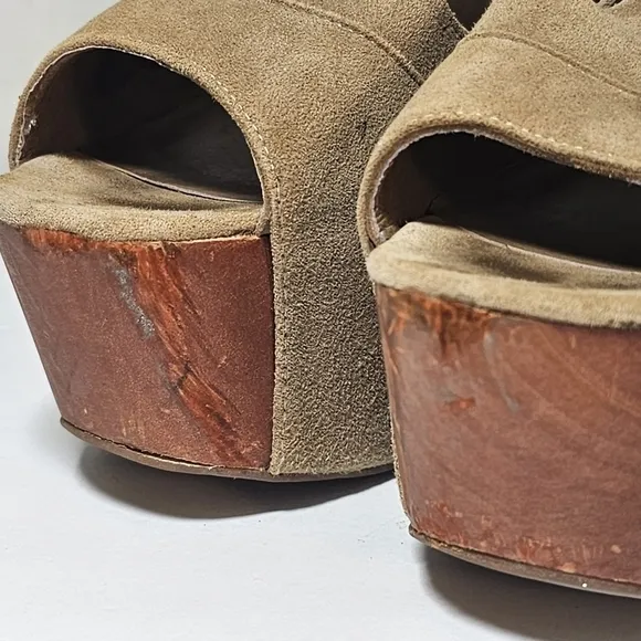 Jeffrey Campbell Foxywood Platform Wood Heels Suede T Strap Shoes, sz 8.5