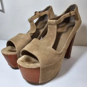 Jeffrey Campbell Foxywood Platform Wood Heels Suede T Strap Shoes, sz 8.5