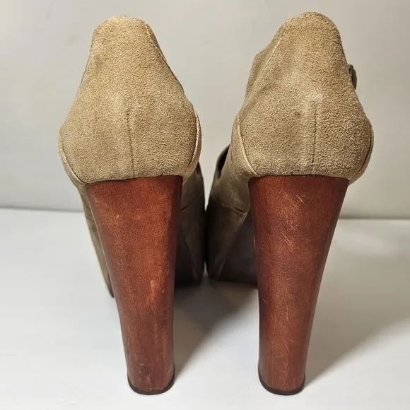 Jeffrey Campbell Foxywood Platform Wood Heels Suede T Strap Shoes, sz 8.5