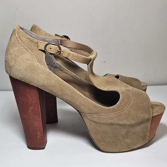 Jeffrey Campbell Foxywood Platform Wood Heels Suede T Strap Shoes, sz 8.5