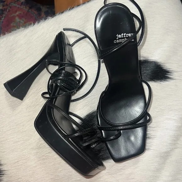 Jeffrey Campbell Lace Up Madonna Platform Strapy Black Sandal Heels, 7.5