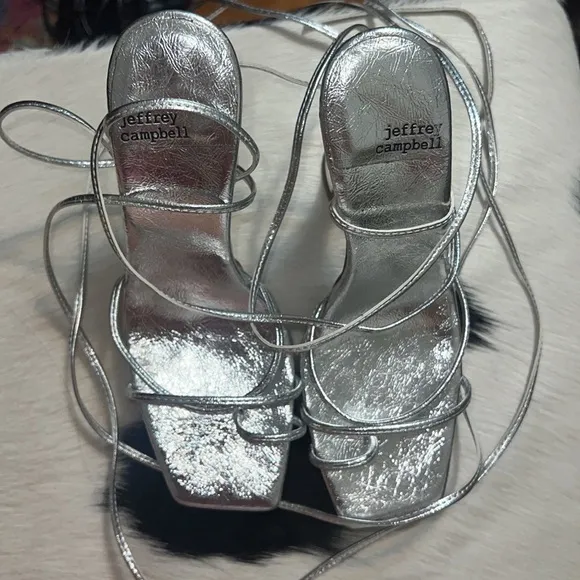 Jeffrey Campbell Lace Up Madonna Platform Strapy Silver Metallic Heels 6.5