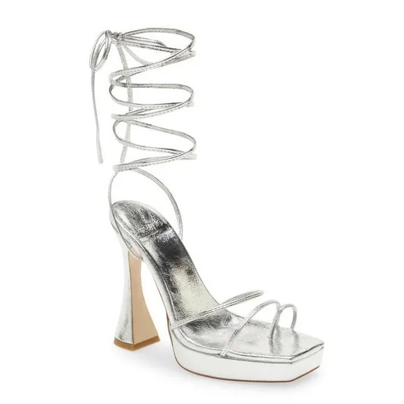 Jeffrey Campbell Lace Up Madonna Platform Strapy Silver Metallic Heels 6.5
