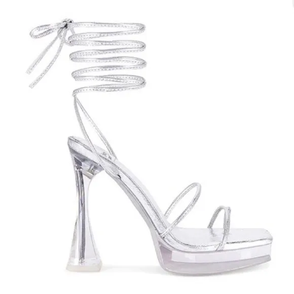 Jeffrey Campbell Lace Up Madonna Platform Strapy Silver Metallic Heels 6.5