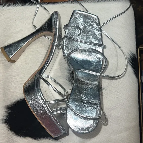 Jeffrey Campbell Lace Up Madonna Platform Strapy Silver Metallic Heels 6.5
