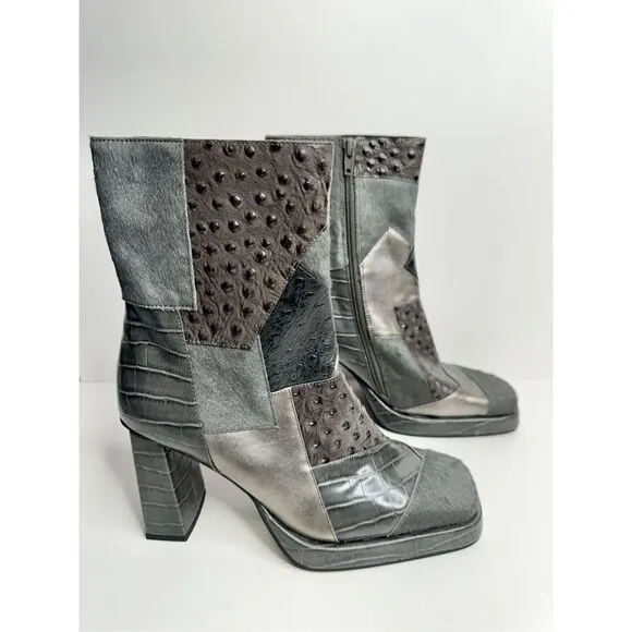 Jeffrey Campbell Maximal Boots 8.5 Patchwork Leather Gray Cowhair Block Heel