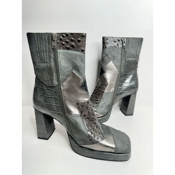 Jeffrey Campbell Maximal Boots 8.5 Patchwork Leather Gray Cowhair Block Heel