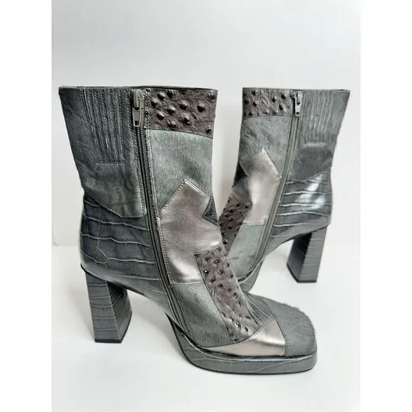 Jeffrey Campbell Maximal Boots 8.5 Patchwork Leather Gray Cowhair Block Heel