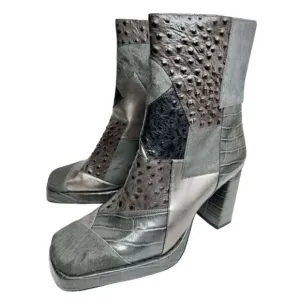 Jeffrey Campbell Maximal Boots 8.5 Patchwork Leather Gray Cowhair Block Heel