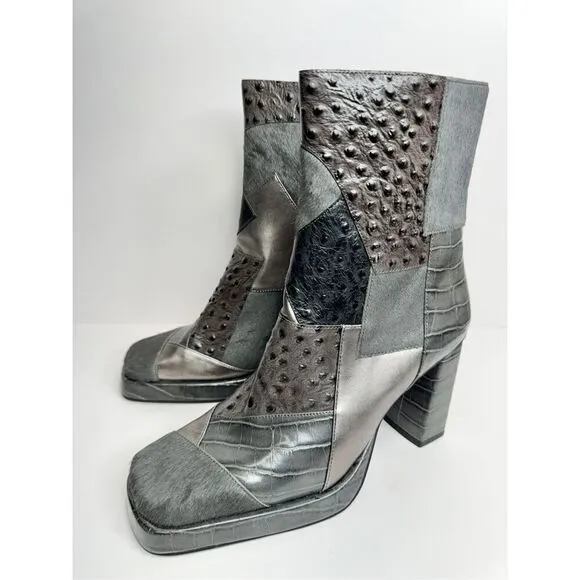 Jeffrey Campbell Maximal Boots 8.5 Patchwork Leather Gray Cowhair Block Heel