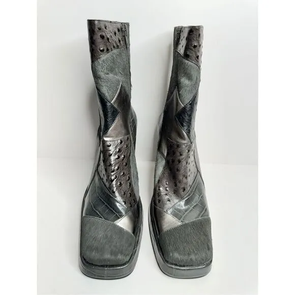 Jeffrey Campbell Maximal Boots 8.5 Patchwork Leather Gray Cowhair Block Heel