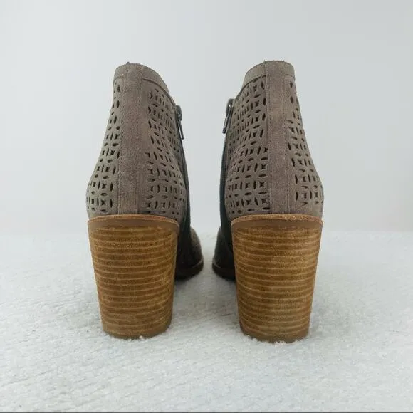 JEFFREY CAMPBELL “MEDERA” TAN LASER CUT SUEDE STOCKED BLOCK HEEL BOOTIES SIZE 11