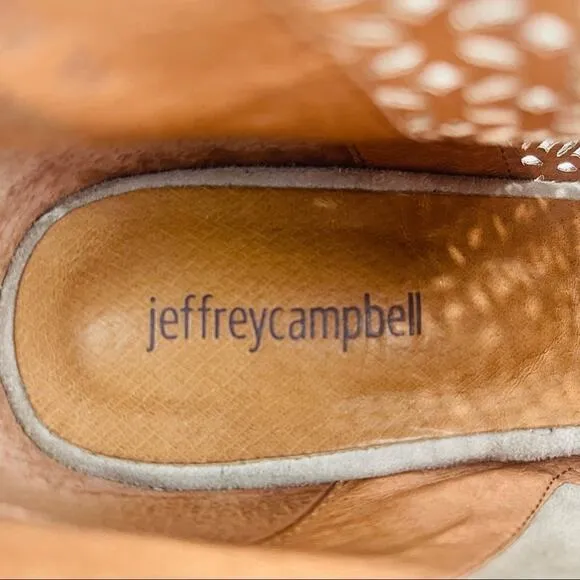 JEFFREY CAMPBELL “MEDERA” TAN LASER CUT SUEDE STOCKED BLOCK HEEL BOOTIES SIZE 11
