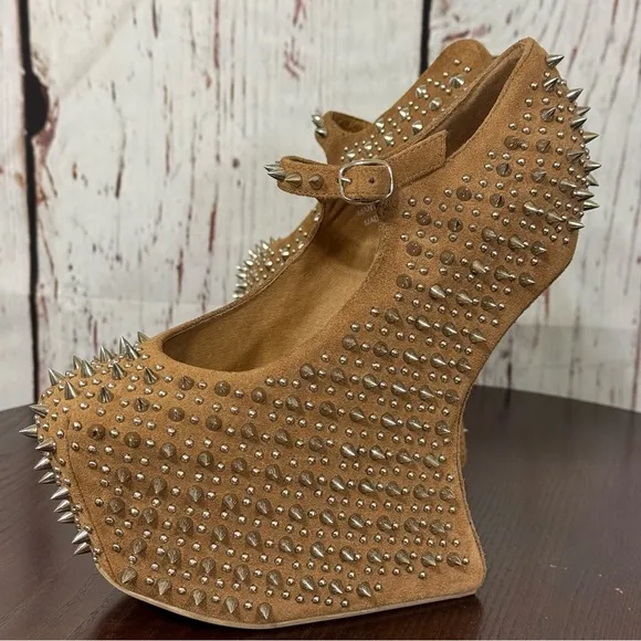 JEFFREY CAMPBELL NIGHT WALK PRICKLY Studded Tan Suede heelless Platforms 6 New