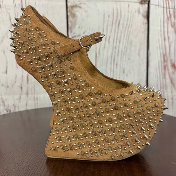 JEFFREY CAMPBELL NIGHT WALK PRICKLY Studded Tan Suede heelless Platforms 6 New