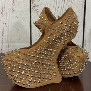 JEFFREY CAMPBELL NIGHT WALK PRICKLY Studded Tan Suede heelless Platforms 6 New