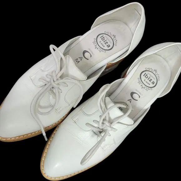 Jeffrey Campbell Oxfords White Leather Shoes Lace Up Clear Heel Cutouts Size 5.5