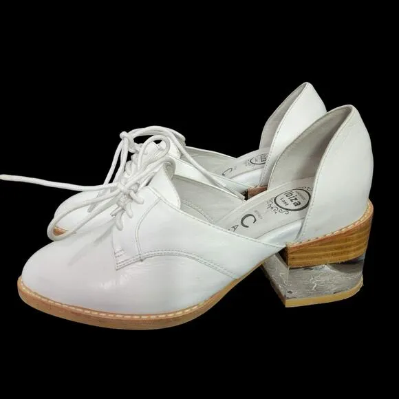 Jeffrey Campbell Oxfords White Leather Shoes Lace Up Clear Heel Cutouts Size 5.5