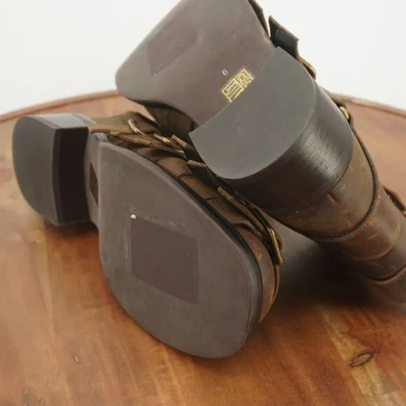 Jeffrey Campbell Womens Belted Up Biker Boots Brown Leather Buckles Block Heel 6