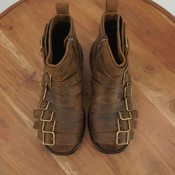 Jeffrey Campbell Womens Belted Up Biker Boots Brown Leather Buckles Block Heel 6
