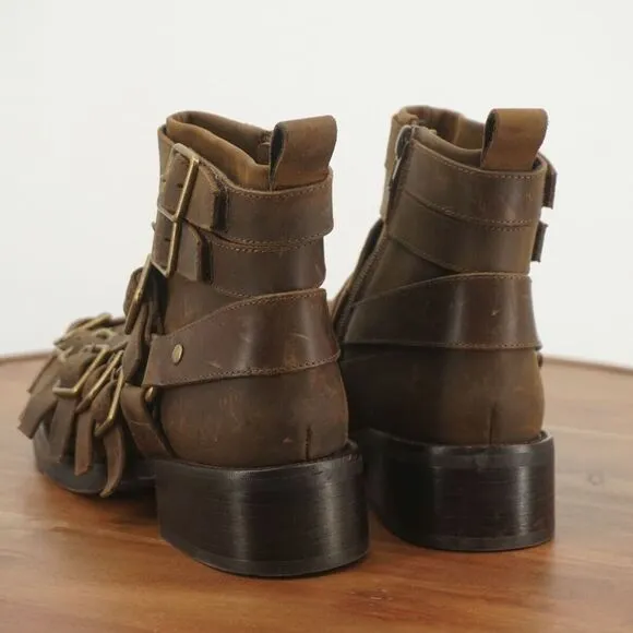 Jeffrey Campbell Womens Belted Up Biker Boots Brown Leather Buckles Block Heel 6