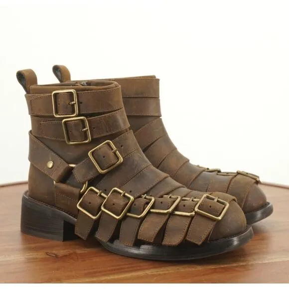 Jeffrey Campbell Womens Belted Up Biker Boots Brown Leather Buckles Block Heel 6