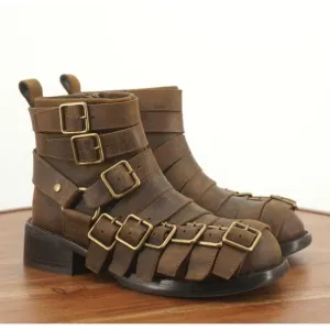 Jeffrey Campbell Womens Belted Up Biker Boots Brown Leather Buckles Block Heel 6