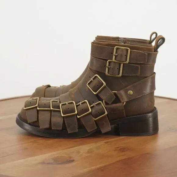Jeffrey Campbell Womens Belted Up Biker Boots Brown Leather Buckles Block Heel 6