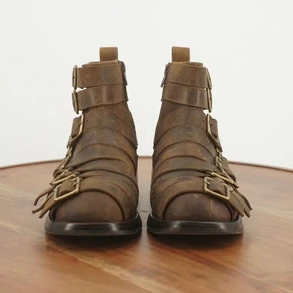 Jeffrey Campbell Womens Belted Up Biker Boots Brown Leather Buckles Block Heel 6