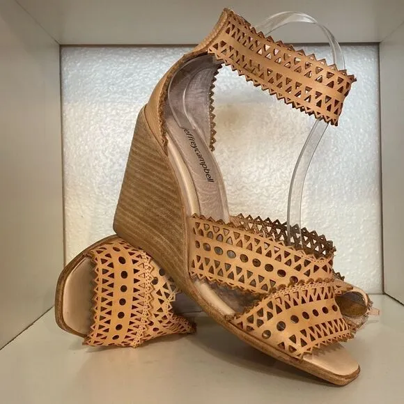 Jeffrey Campbell Besante Wedge Cut Out Ankle Strap Tan Sandals
