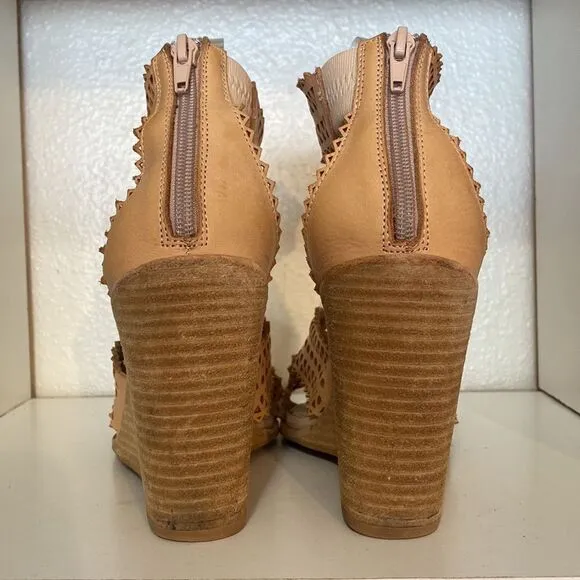 Jeffrey Campbell Besante Wedge Cut Out Ankle Strap Tan Sandals