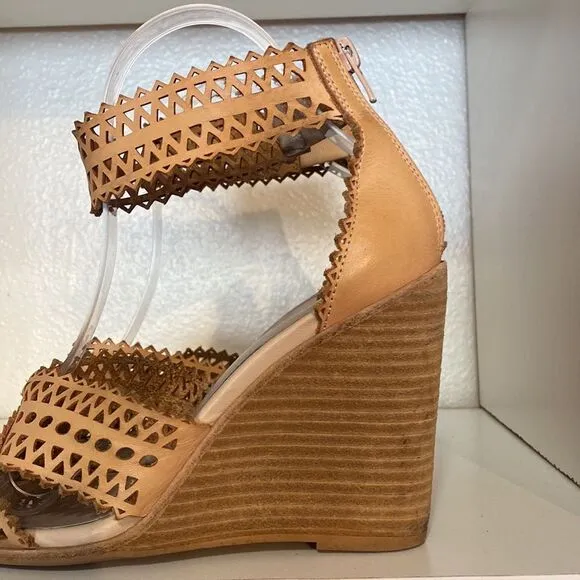 Jeffrey Campbell Besante Wedge Cut Out Ankle Strap Tan Sandals