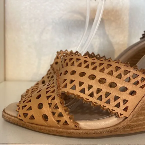 Jeffrey Campbell Besante Wedge Cut Out Ankle Strap Tan Sandals