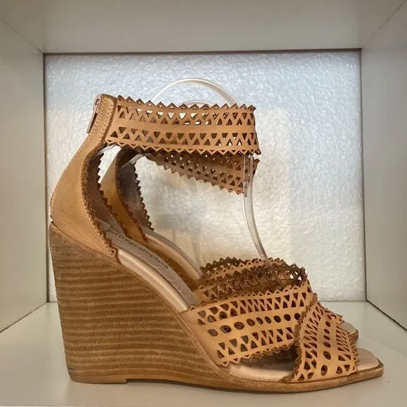 Jeffrey Campbell Besante Wedge Cut Out Ankle Strap Tan Sandals