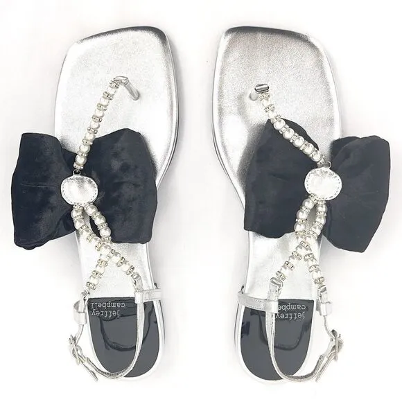 Jeffrey Campbell BONHEUR Black Bow Silver Leather Pearl T-bar Sandals 8.5