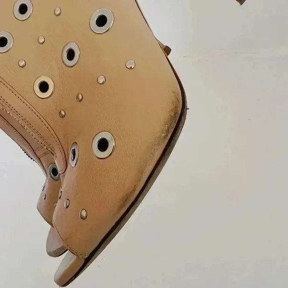Jerome C. Rousseau Net Grommets Tan Stilettos With Rivets