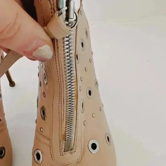 Jerome C. Rousseau Net Grommets Tan Stilettos With Rivets