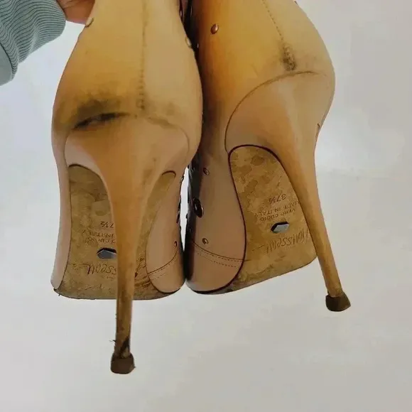 Jerome C. Rousseau Net Grommets Tan Stilettos With Rivets