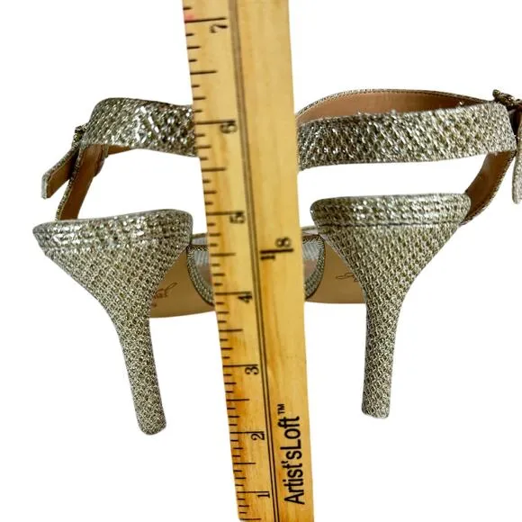 JEWEL BADGLEY MISCHKA ARLINA GLITTER HEELED SANDALS IN GOLD NWOB WOMEN'S SIZE 9