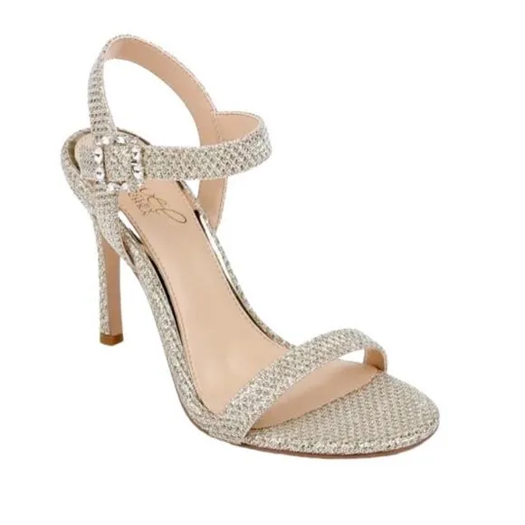 JEWEL BADGLEY MISCHKA ARLINA GLITTER HEELED SANDALS IN GOLD NWOB WOMEN'S SIZE 9