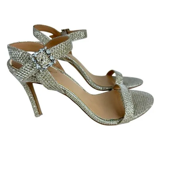 JEWEL BADGLEY MISCHKA ARLINA GLITTER HEELED SANDALS IN GOLD NWOB WOMEN'S SIZE 9