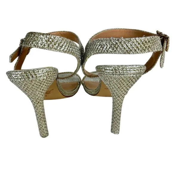 JEWEL BADGLEY MISCHKA ARLINA GLITTER HEELED SANDALS IN GOLD NWOB WOMEN'S SIZE 9