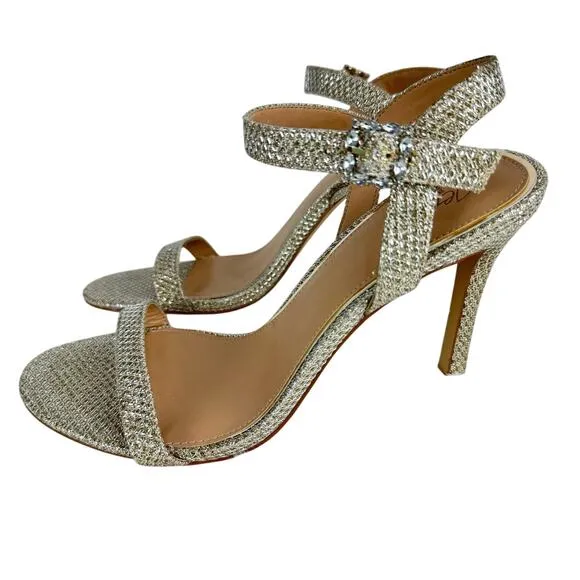 JEWEL BADGLEY MISCHKA ARLINA GLITTER HEELED SANDALS IN GOLD NWOB WOMEN'S SIZE 9