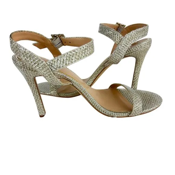 JEWEL BADGLEY MISCHKA ARLINA GLITTER HEELED SANDALS IN GOLD NWOB WOMEN'S SIZE 9
